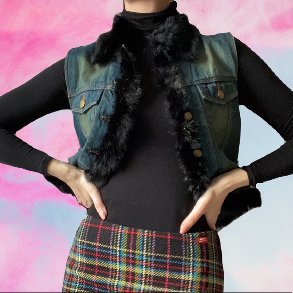 💋 Y2K DENIM VEST WITH FUR TRIM 💋 - Picture 4 of 4